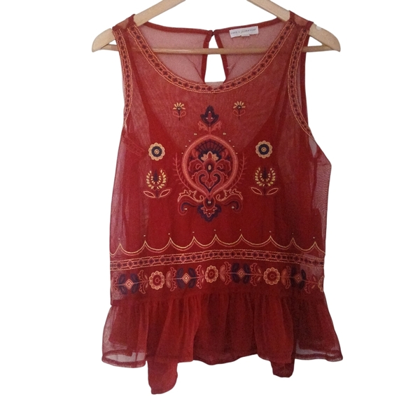 Coco + Jaimeson Embroidered Red Sheer Sleeveless Tank Top Electric Traveler - Picture 5 of 14
